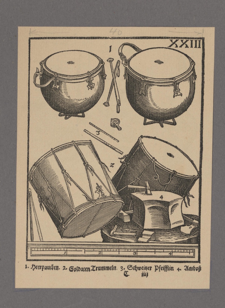 Репродукция с гравюры. Литавры, барабаны, наковальня из XXIII таблицы книги Преториуса. 1618 г. Из фондов Музея музыки.