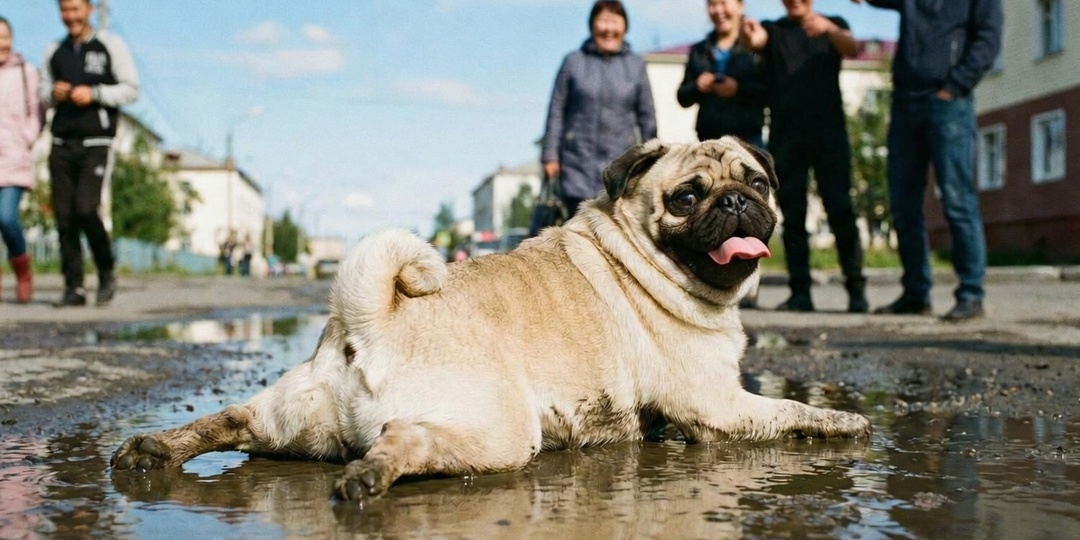 Мопс, который считал себя человеком: катался с горок, кошмарил лужи и стал легендой Дудинки