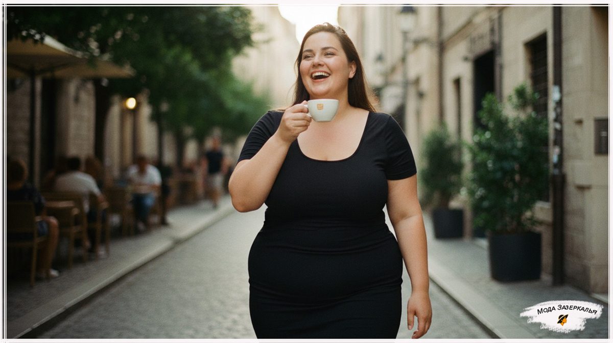 Полная женщина в черном платье