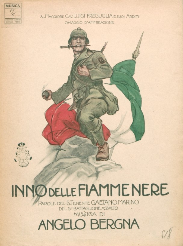 Обложка "Гимна черного пламени" Леопольдо Метликовица (1918) - музыкального произведения, написанного в честь члена «Ардити», элитного итальянского штурмового отряда. Мы видим солдата с кинжалом в зубах, сжимающего дымящуюся гранату и стоящего перед развевающимся итальянским флагом. Так «Ардити» использовались в пропаганде. Песня также позже использовалась фашистами в Италии 
