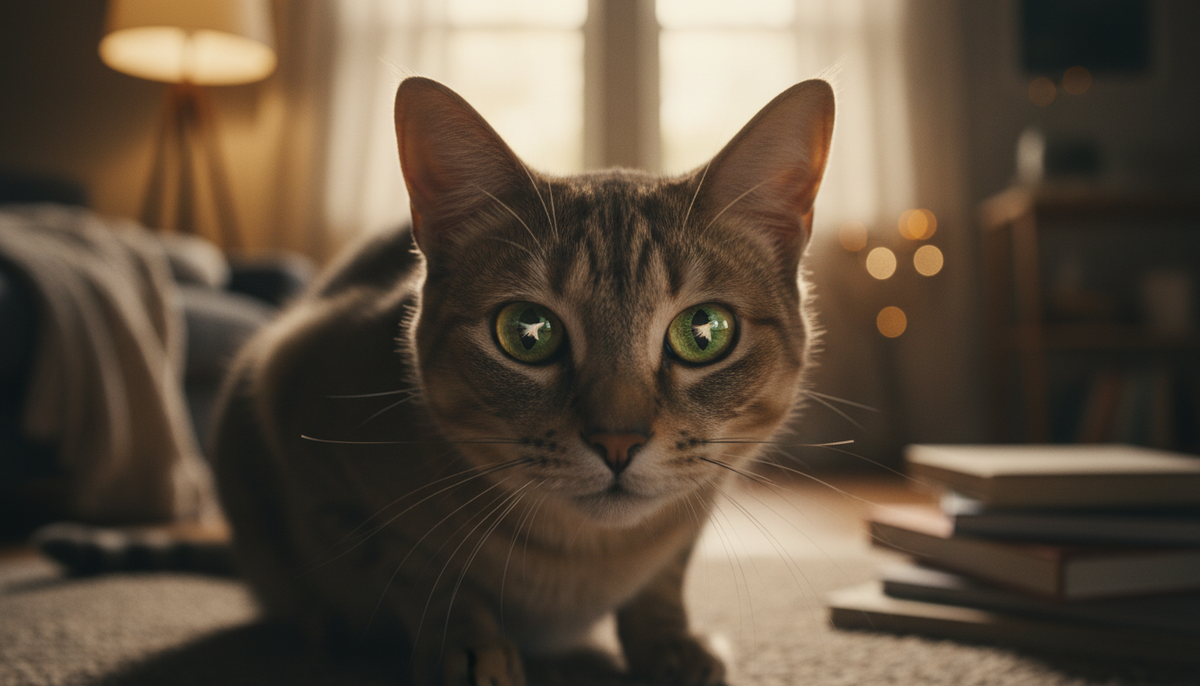 Крупный план глаз кошки, отражающих изображение птицы на экране телевизора, кошка напряжена и готова к прыжку.