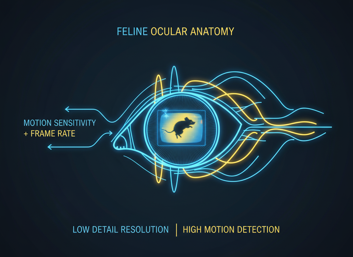 Схема анатомии глаза кошки с графическим изображением чувствительности к движению и восприятия кадров.