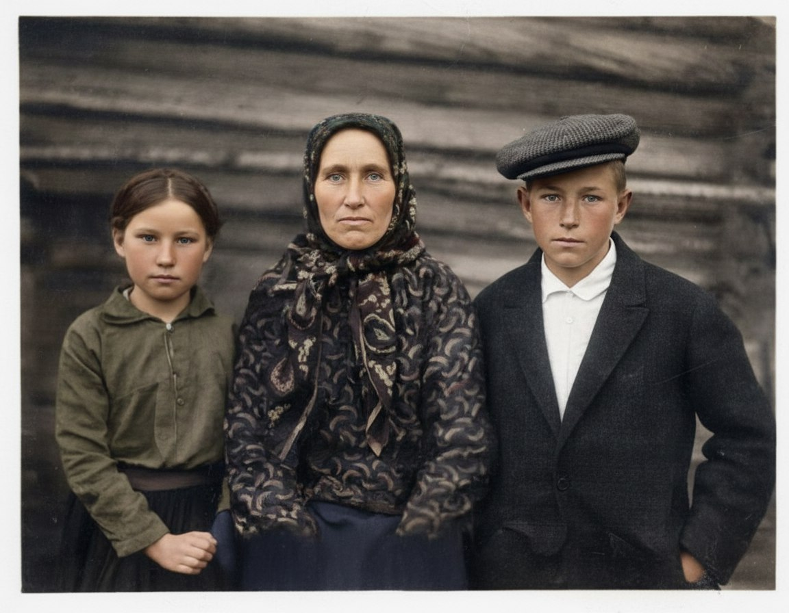 Моя бабушка Нина (12 лет), ее мама Анна Степановна (41 год) и брат Михаил Григорьевич Петухов (15 лет). ИИ обработка