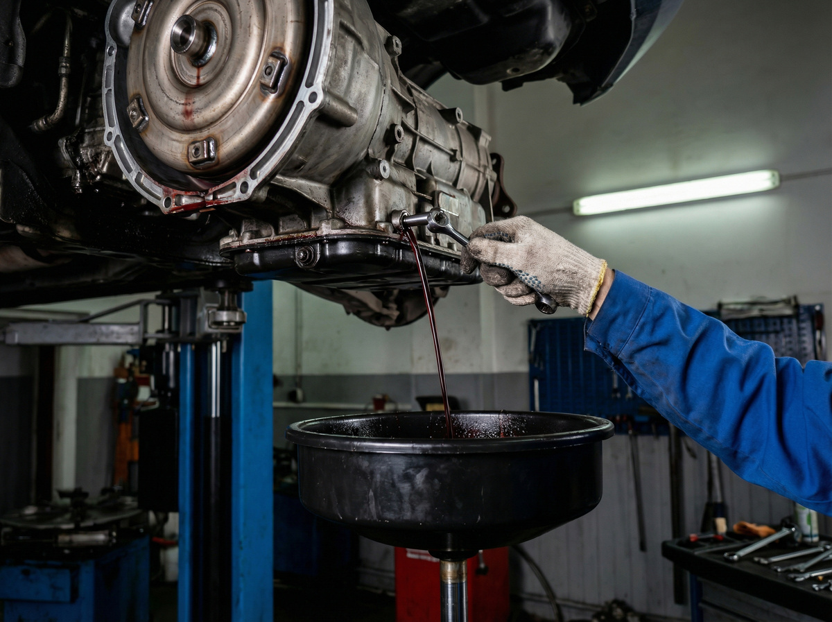 Замена масла в АКПП: механик сливает отработанную трансмиссионную жидкость из автоматической коробки передач
