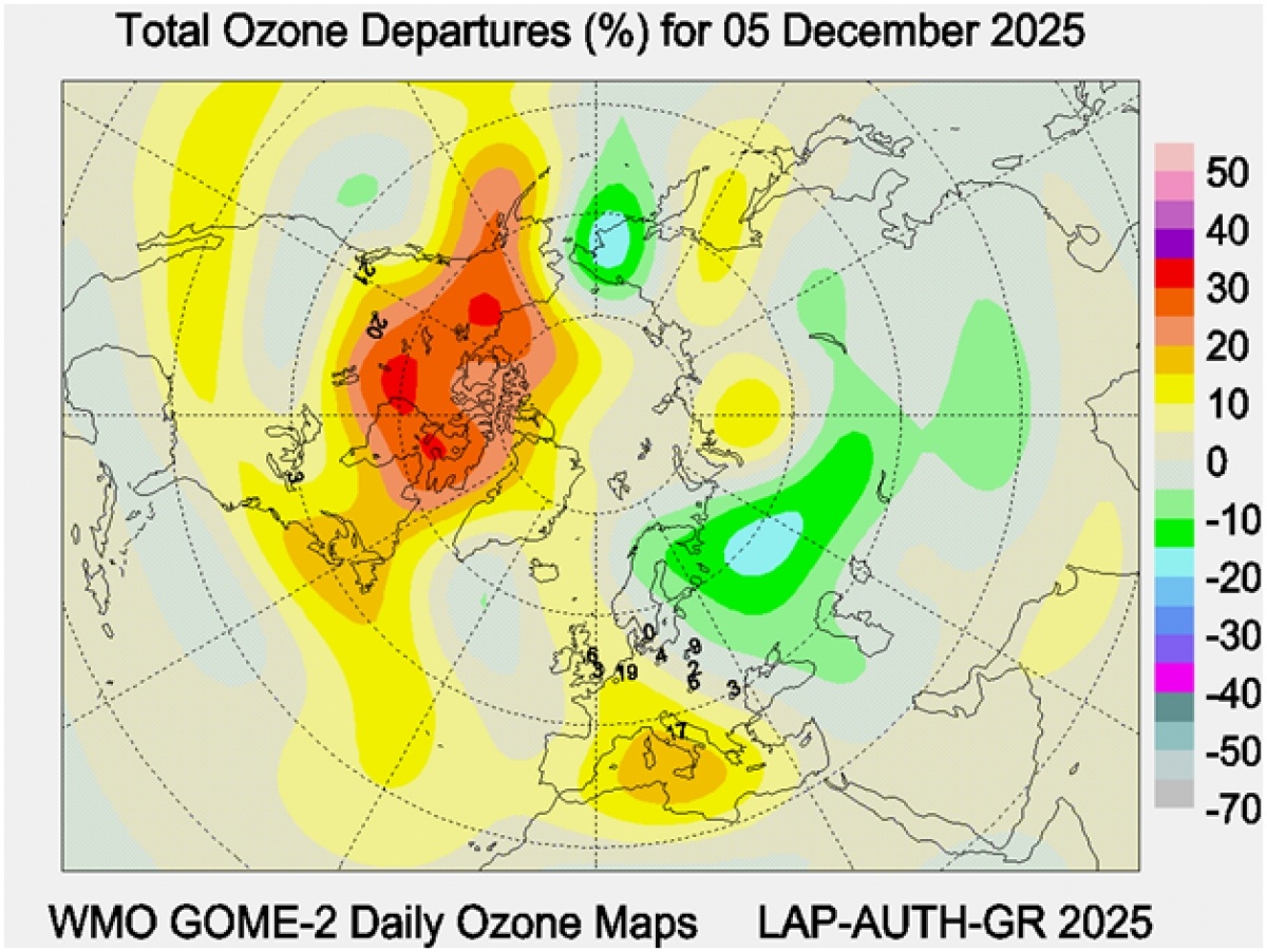    Аномалии общего содержания озона в Северном полушарии 5 декабря 2025 г.