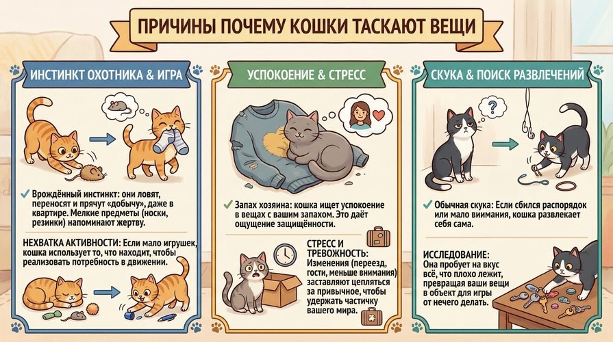 Причины того что кошка таскает вещи по дому