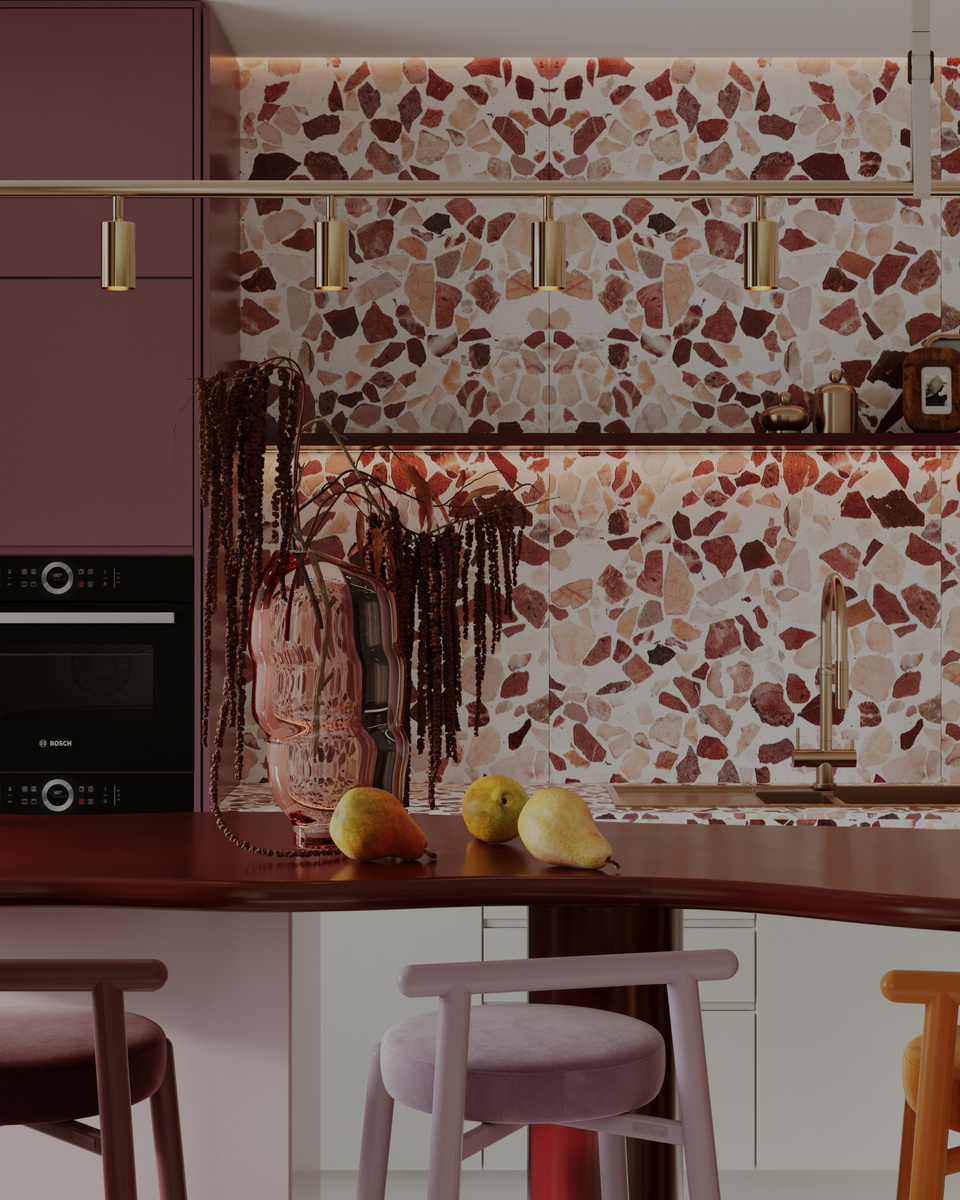 Яркий интерьер от бюро АРТРО - кухня в цвете и терраццо