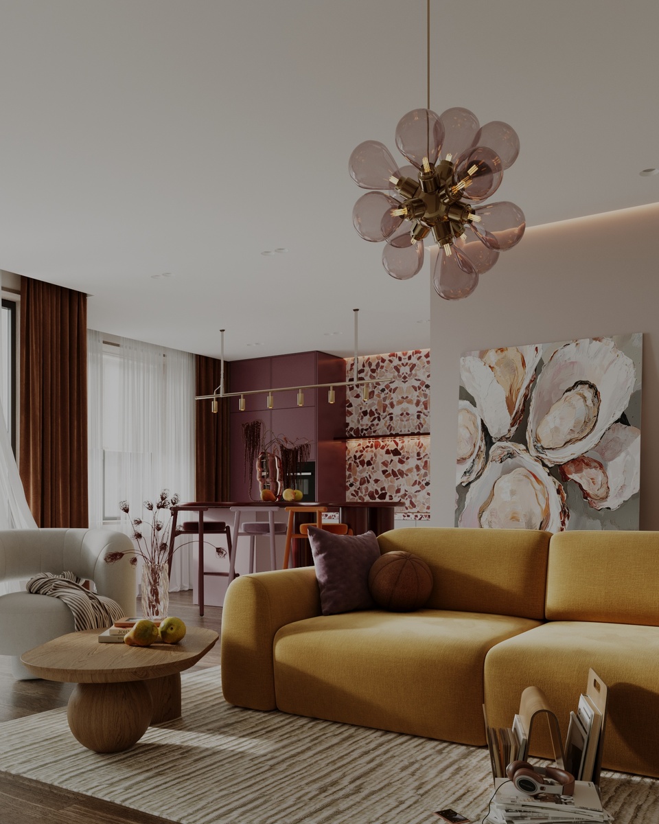 Гостиная в тёплых оттенках: горчичный диван и баланс цвета