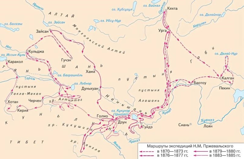 Маршруты экспедиций Н.М. Пржевальского