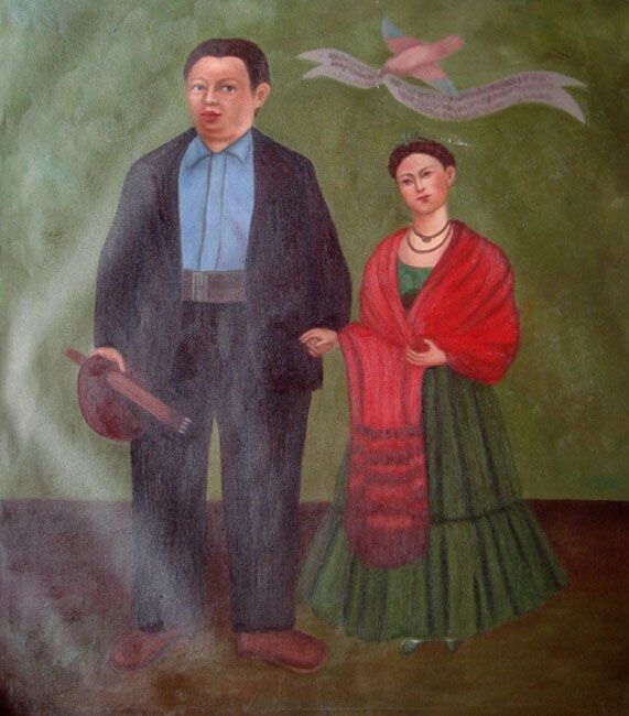 Фрида Кало и Диего Ривера. Свадебный портрет 1931 года. Уже тогда она писала себя маленькой, а его огромным.