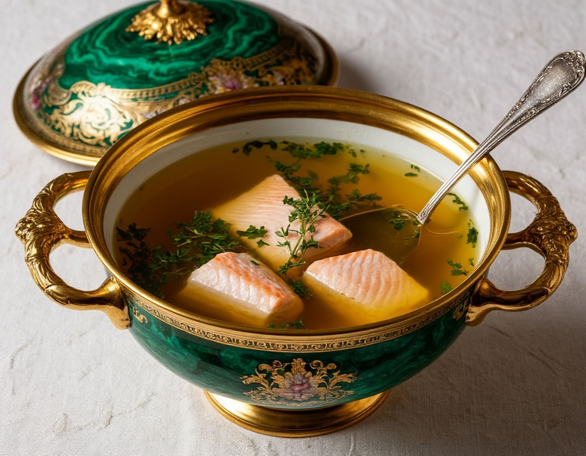 Русская традиционная прозрачная уха. "Царская" подача. «Создано с использованием искусственного интеллекта».