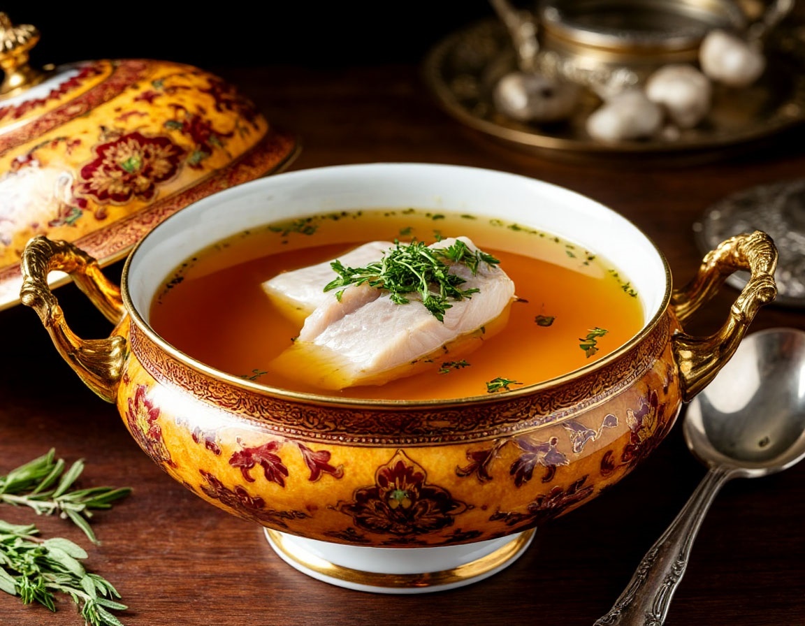 Русская прозрачная уха - украшение любого стола.                                                                 «Создано с использованием искусственного интеллекта».