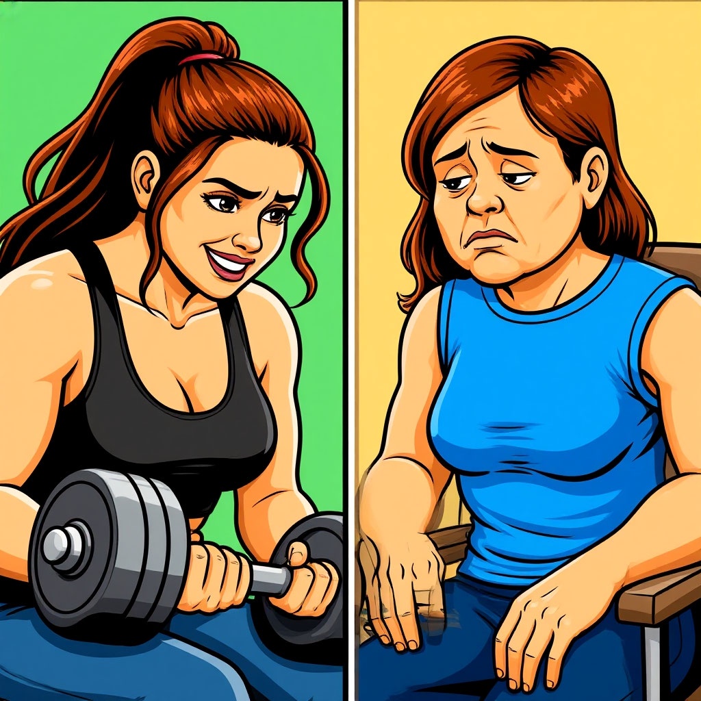 На картинке одна и та же девушка, но слева тренируется и ведёт ЗОЖ, а справа -  нет. Картинка наглядно демонстрирует контраст между активным и пассивным образом жизни: