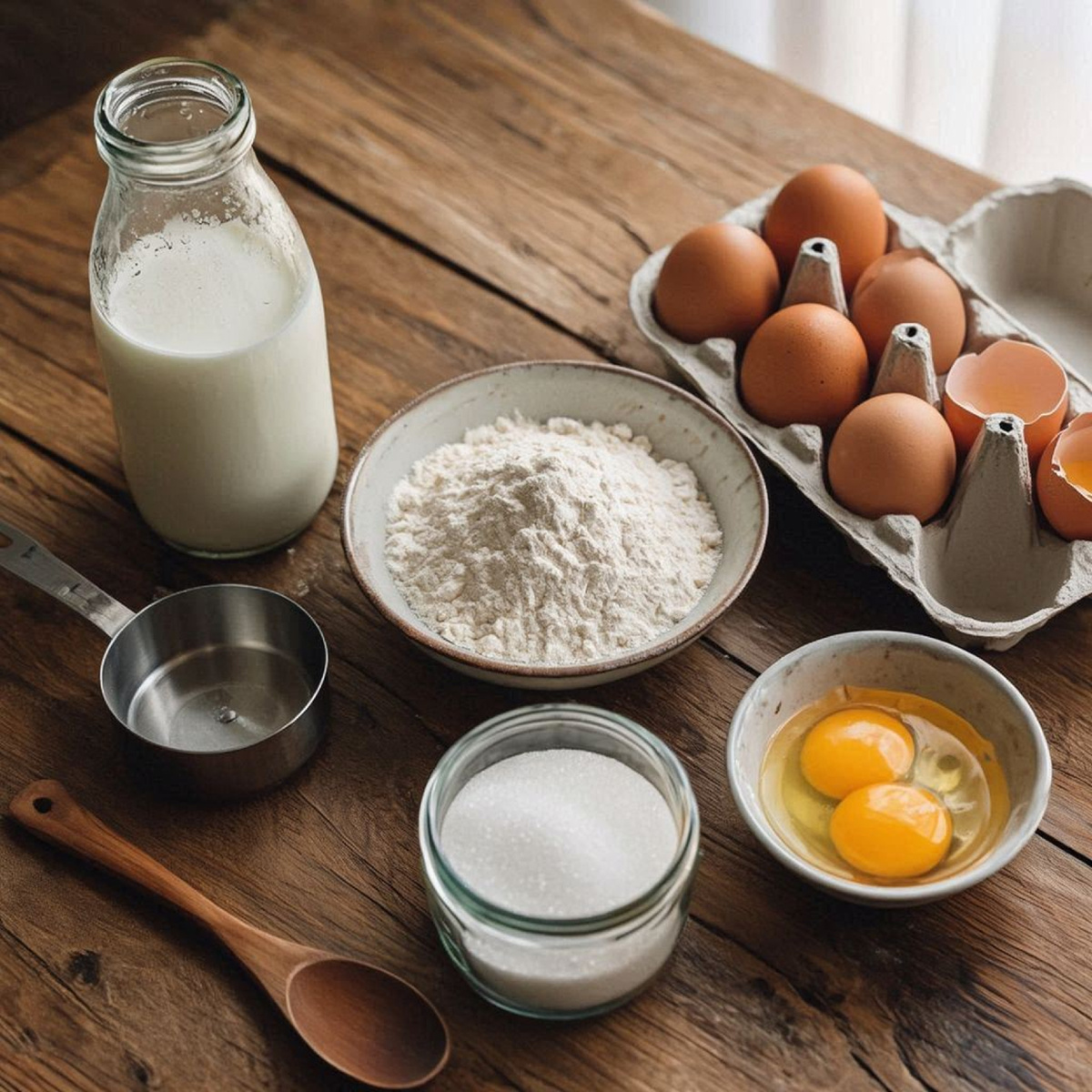 Ингредиенты для блинов - молоко, яйца, мука, сахар