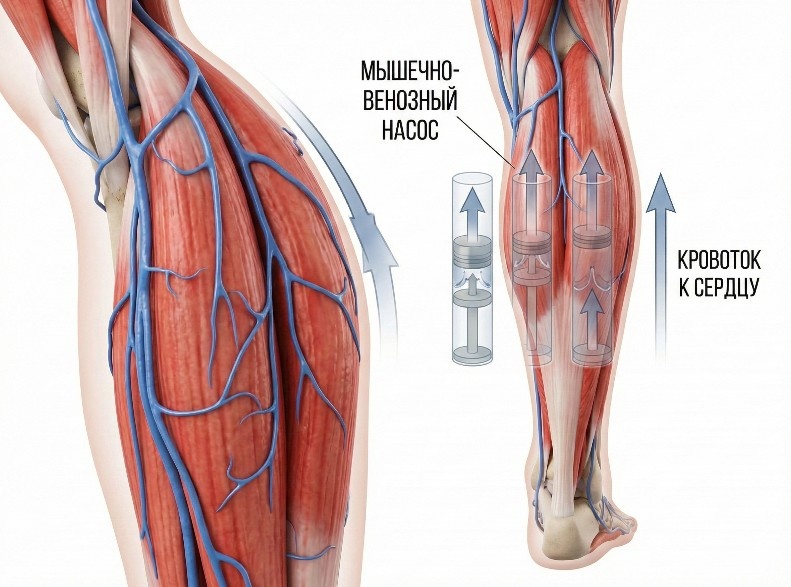 Схематичное изображение мышц голени и вен, показывающее, как работает мышечно-венозная помпа, качая кровь вверх.