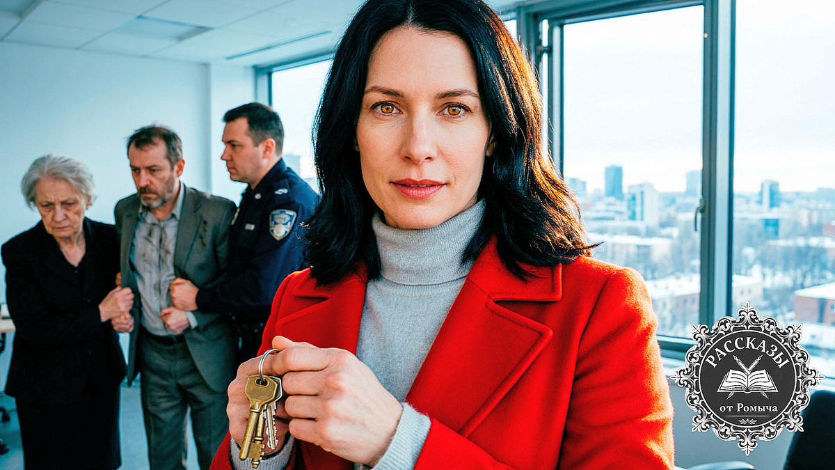 Женщина в красном пальто с ключами в руках на фоне задержания мужа и свекрови в кабинете