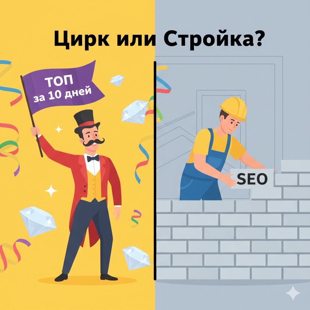 Картинка к посту о том, почему обещания «выведу в топ за 10 дней» — это обман. Песочный замок как символ нестабильного результата, волна — алгоритмы поисковиков, человек с фальшивой гарантией. Разоблачение мифов SEO.