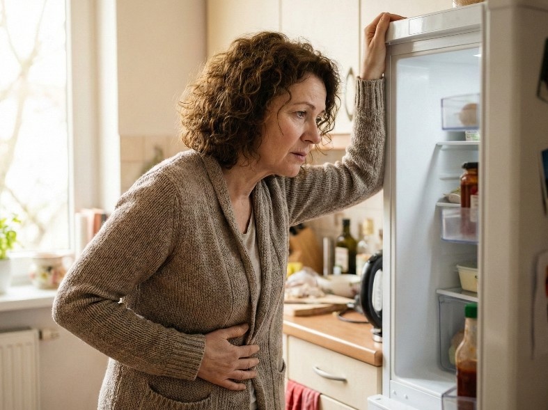 Женщина с дискомфортом в животе задумчиво смотрит в открытый холодильник.