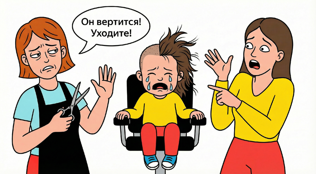 💇‍♂️ «Ваш сын вертится! Я боюсь его поранить, забирайте!» — заявила парикмахер и бросила ножницы. Мы ждали 40 минут. Ребенок устал, извелся. Сели в кресло, мастер чиркнула пару раз машинкой и... отказалась стричь дальше.