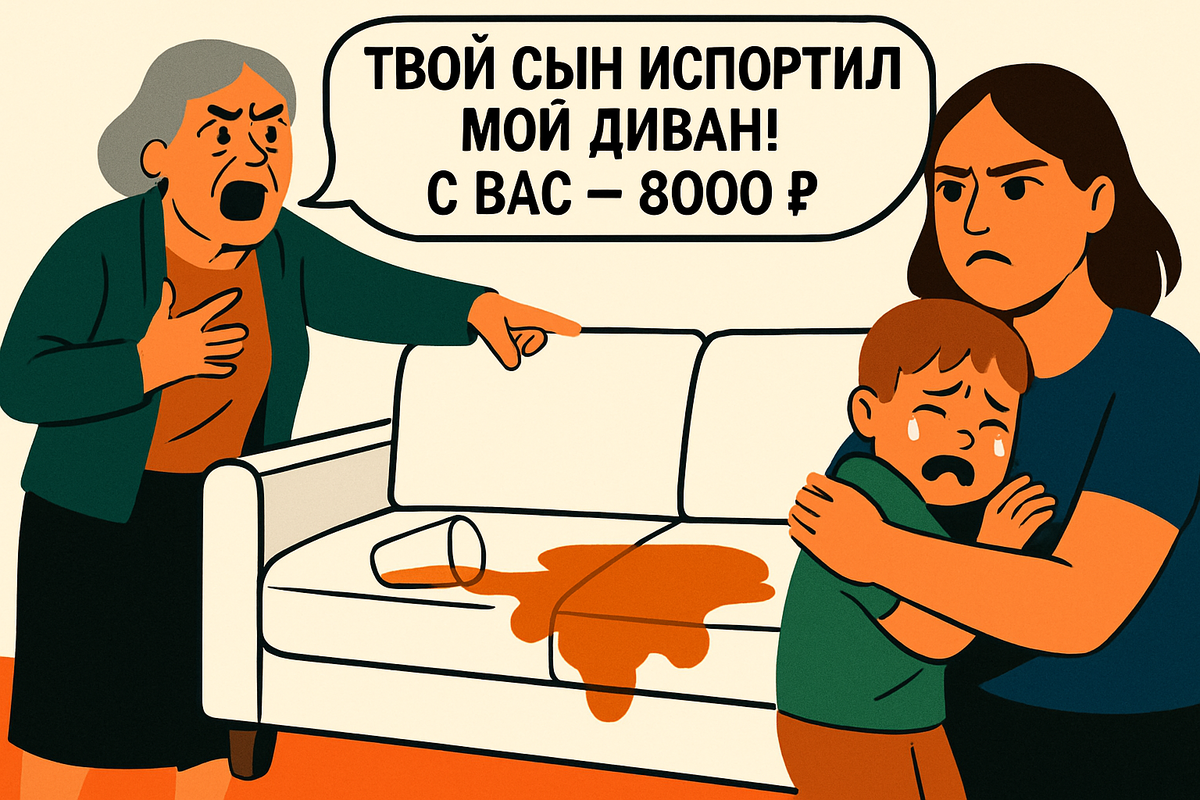 Пошли в гости к бабушке. Внуку 3 года. Она сама налила ему яблочный сок и сама посадила на свой драгоценный белый диван. Секунда — и стакан перевернут. Пятно. Реакция бабушки убила: — Ты знаешь, сколько он стоит?! Платите мне 8000 рублей! Ваш ребенок — ваши проблемы!