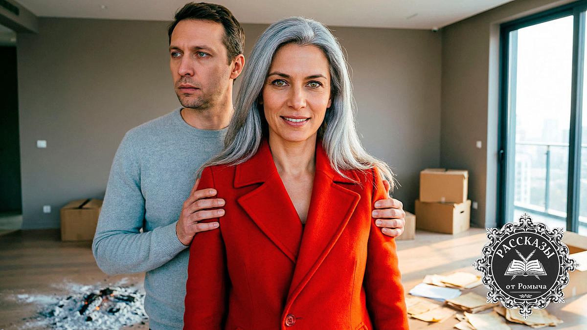 Торжествующая женщина в красном пальто в пустой квартире после раздела наследства