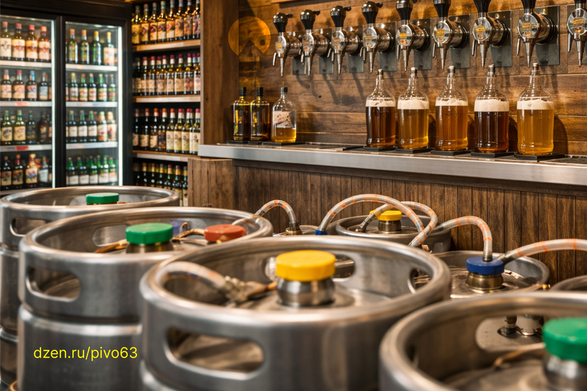 Ассортимент пива и оборудование для розлива в пивном магазине