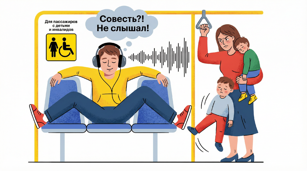 🚌  Ехала в автобусе с 3-летним сыном на руках. Ребенок спит, сползает, руки отваливаются. Прямо передо мной, на месте с наклейкой «Для пассажиров с детьми», развалился здоровый парень. Я постучала ему по плечу, а он прибавил громкость в наушниках.