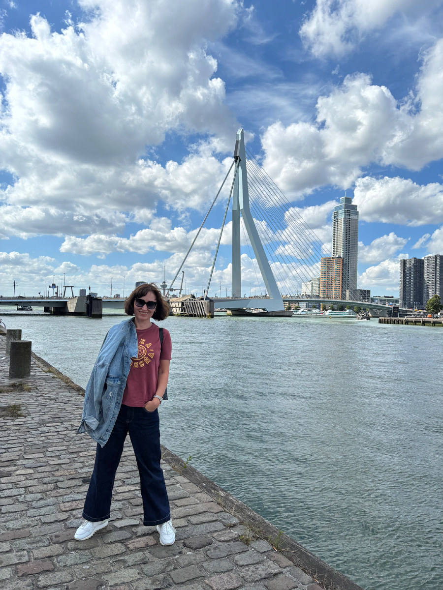 На фоне моста Эразма в Роттердаме (Нидерланды)