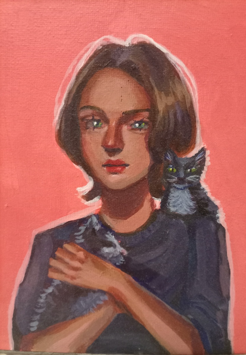 А на этом рисунке она нарисовала мою дочь с нашими кошками.