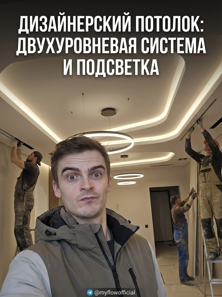 Дизайнерский потолок: двухуровневая система и подсветка для стильного интерьера