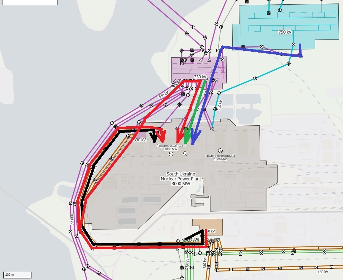 Схема питания СН ЮУАЭС: чёрным – от сети 35 кВ, красным – 150 кВ, зелёным – 330 кВ, синим – 750 кВ