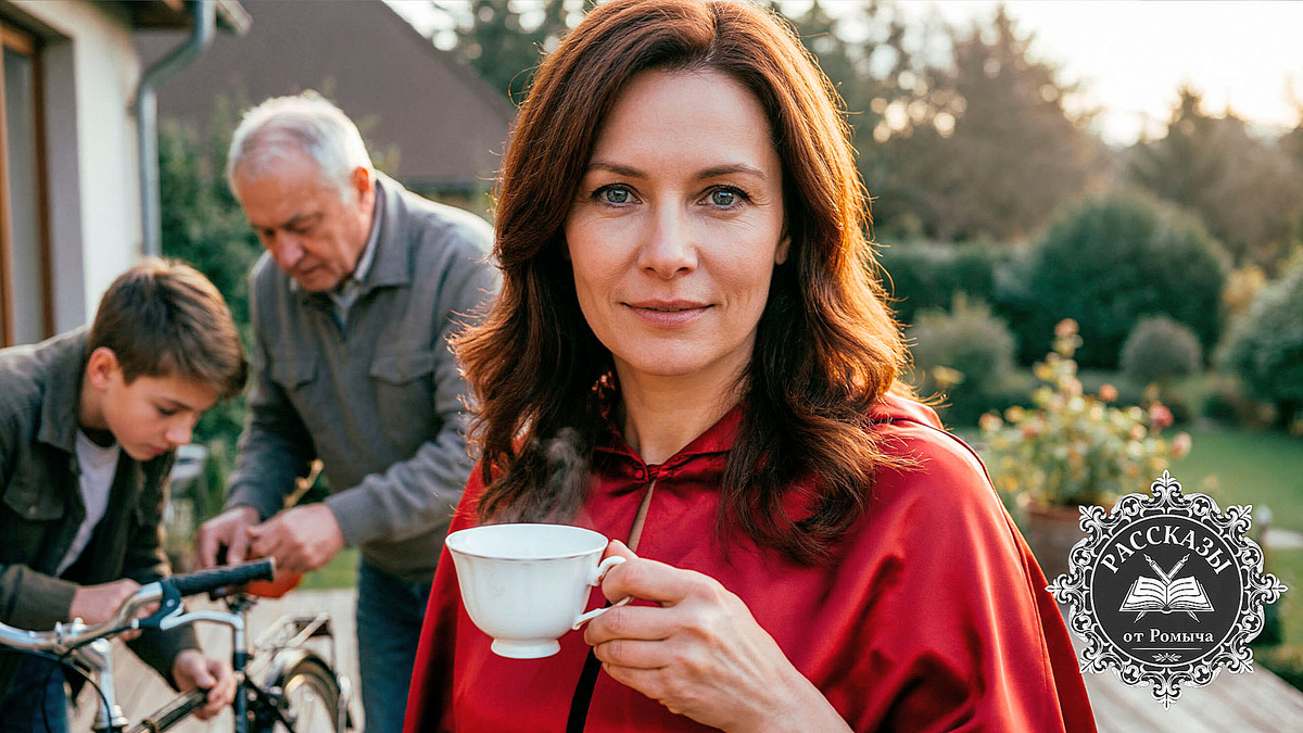Женщина в красном плаще стоит на террасе дома, на фоне ее свекра и сына, которые проводят время вместе