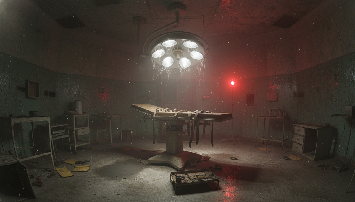 Заброшенная операционная в подземном бункере с гигантской бестеневой лампой