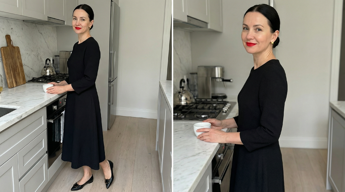 Один акцент - красная помада с базовым нарядом