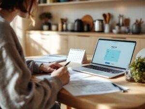    A realistic, modern Russian apartment interior with a person sitting at a table, reviewing utility bills and a laptop screen showing a payment portal. The scene should convey a sense of financial plan