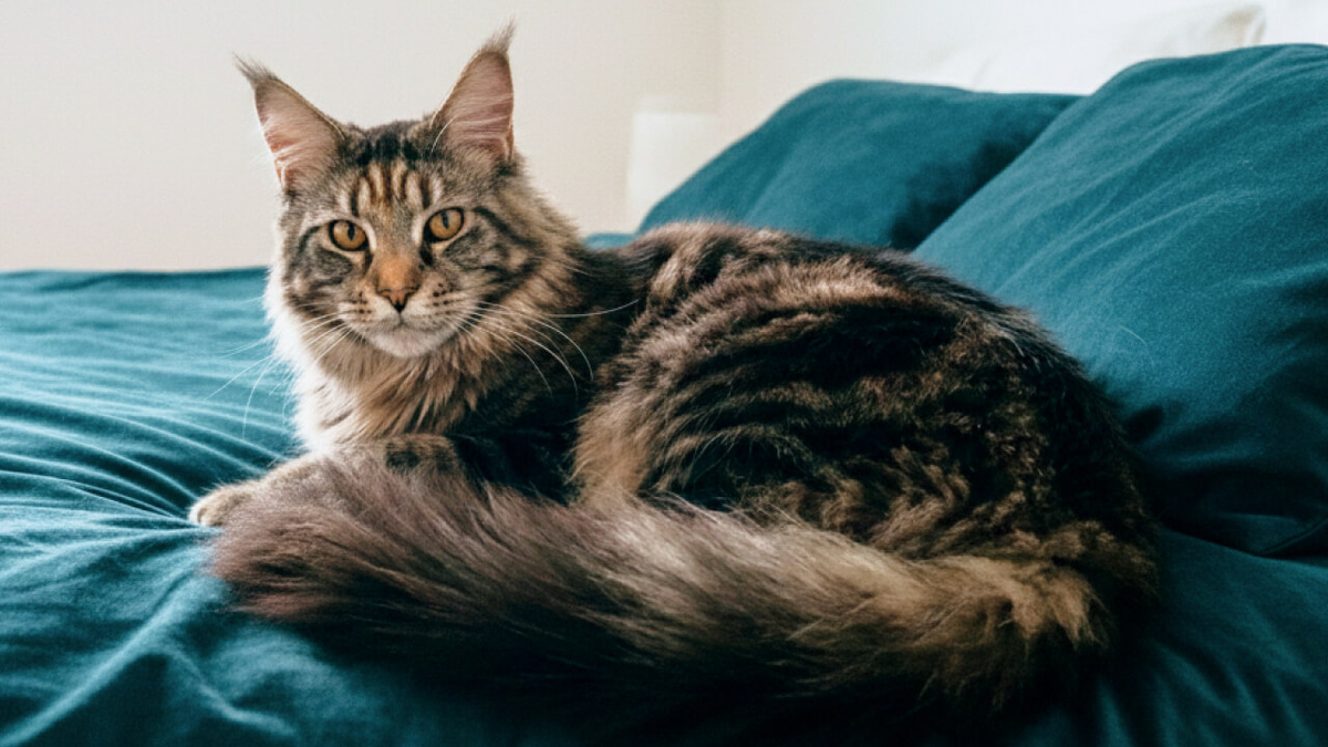 Красавец мейн-кун лежит на кровати.