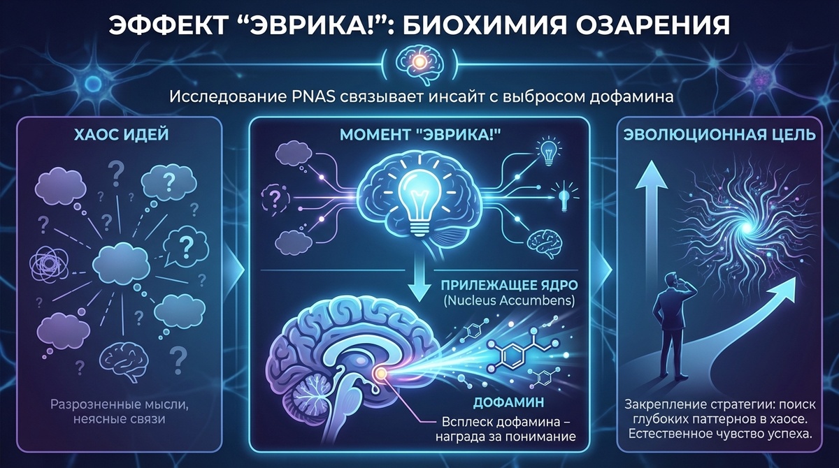 Эврика, открытие, озарение, дофамин - инфографика