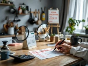    A realistic 3D illustration of a Russian apartment building with a magnifying glass focusing on a utility bill (kvitantsiya) showing overdue payments and penalty calculations. The background includes