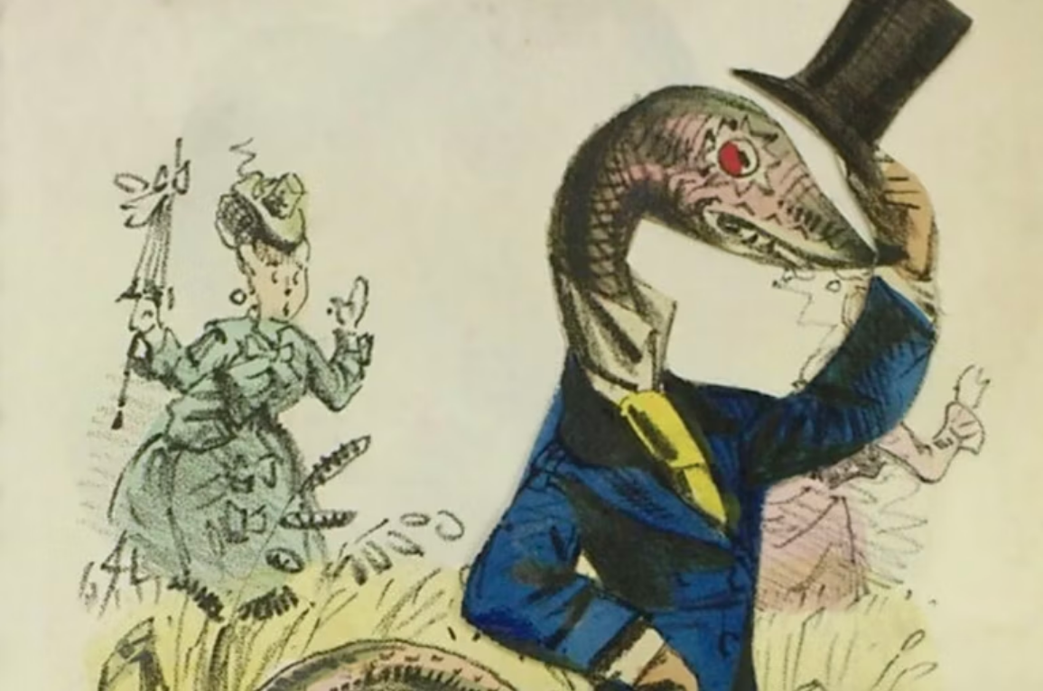 Женщина отвергает щеголеватого «змеюку» на «уксусной валентинке» 1870-х годов. Wikimedia Commons