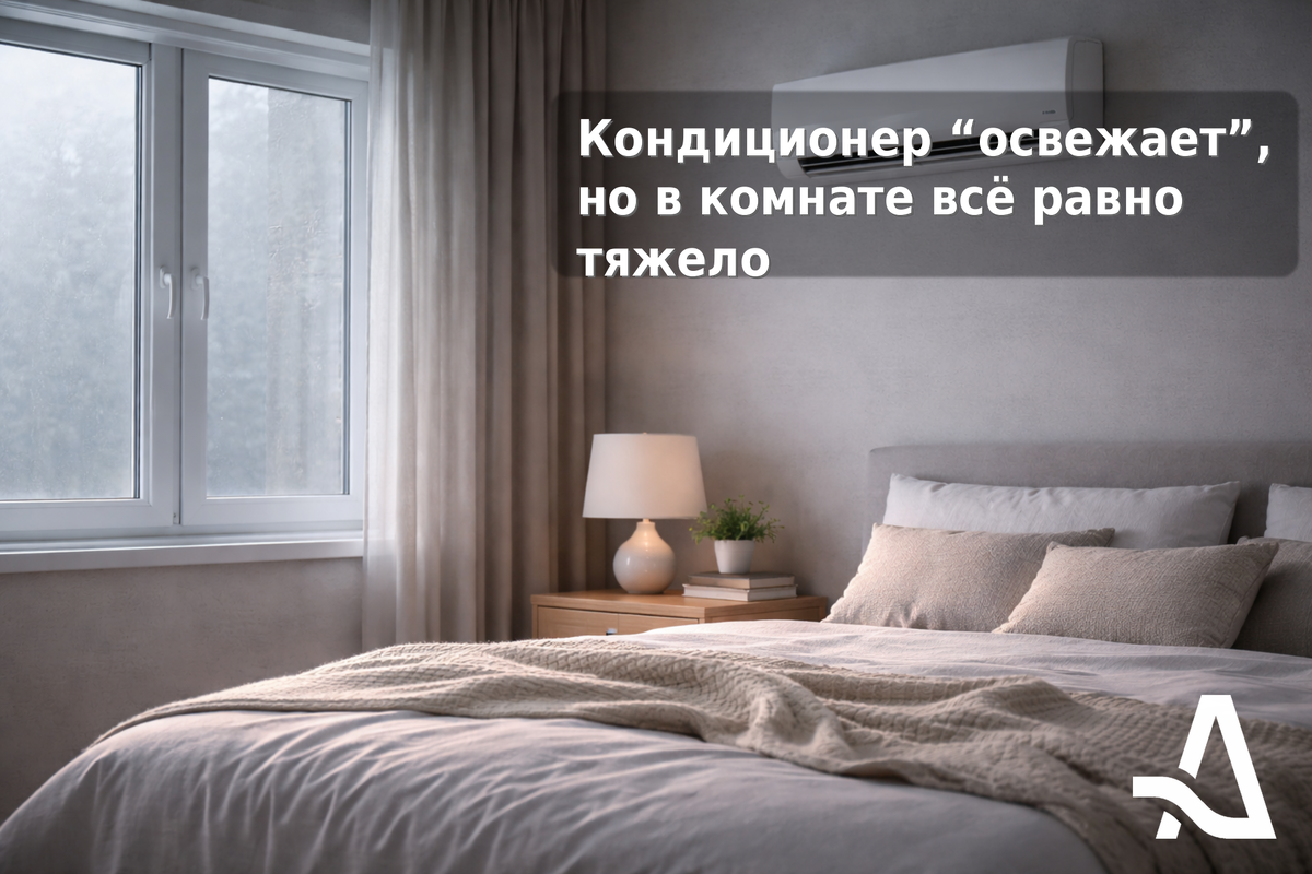 Кондиционер охлаждает, но не обновляет воздух: без притока и вытяжки вы просто гоняете один и тот же объём — CO₂ растёт, и ощущение «тяжело» остаётся.