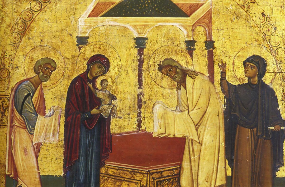 Деталь иконы «Благовещение. Рождество Христово. Сретение», изображение воспроизводится по изданию: Holy image, hallowed ground: icons from Sinai. Los Angeles: Getty Publications, 2006.