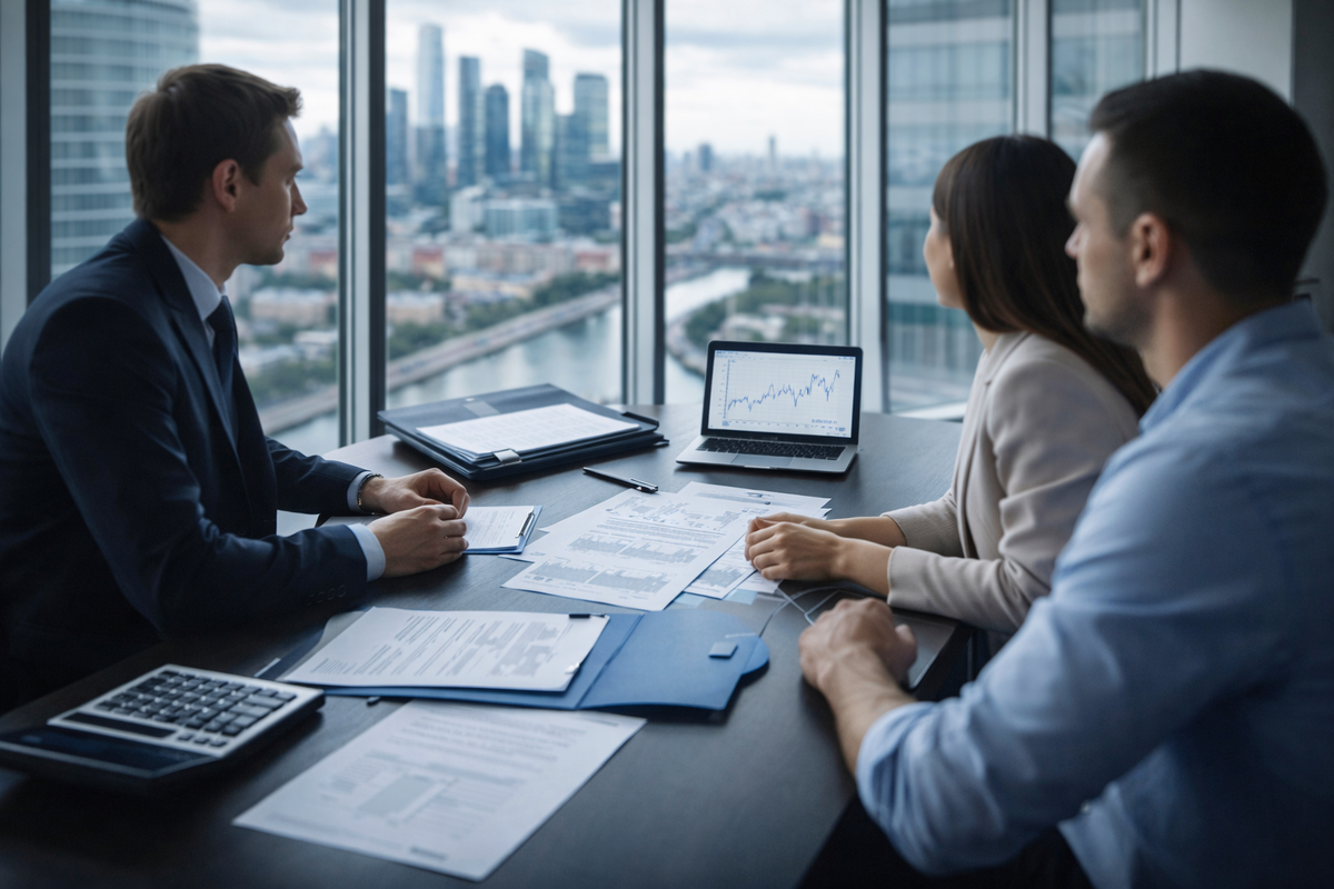 Переговоры по условиям сделки в офисе агентства недвижимости