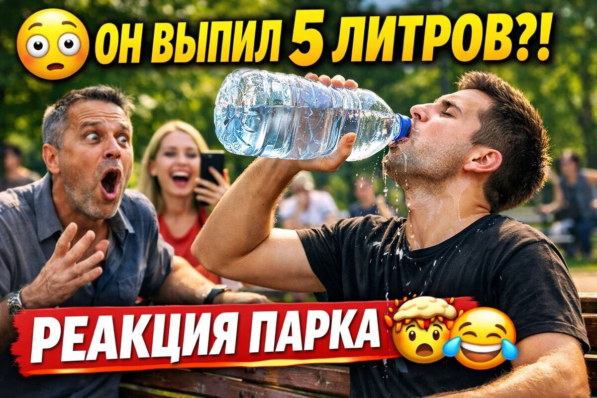 Парень сел на лавочку и выпил 5 литров за минуту… Реакция людей бесценна! 🤯🤣
