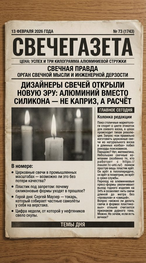 • Переход на алюминиевые пресс-формы увеличивает выход годного изделия на 34% и позволяет лить свечи длиной до метра без «провалов» и «свищей».

• 60% стартапов в нише закрываются, потому что не могут обеспечить повторяемость формы.

• Заводы Уфы и Казани разместили заказы на изготовление алюминиевых гильз длиной 950 мм.

• Спрос на церковные свечи ручной работы в алюминиевых формах за первый квартал 2026 года вырос на 47%.

• Сергей Маузер - токарь-универсал, владелец мастерской, человек, который сказал «нет» пластику.

• Воск не терпит грязи, алюминий не прощает лени, фитиль - это отдельная песня.