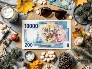    A detailed, flat-lay composition of a modern Russian utility bill (ЖКХ receipt) on a light wooden table. The document is slightly unfolded to show multiple sections, with colorful highlights marking k