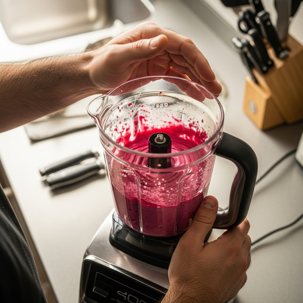 Смешивание свеклы, феты и приправ в блендере для получения однородного розового соуса.