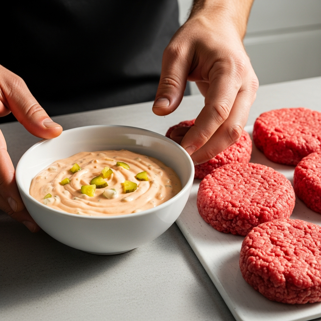 Шарики фарша и готовый домашний бургерный соус.