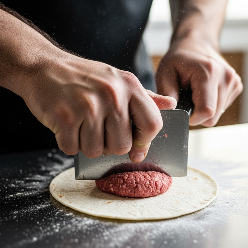 Процесс «смаширования» сырого фарша на тортилье.