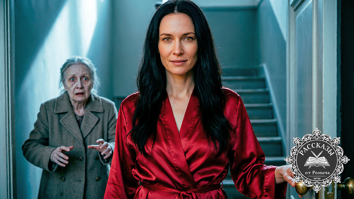 Молодая женщина в красном шелковом халате стоит в дверях, за ней потрясенная свекровь на лестничной клетке