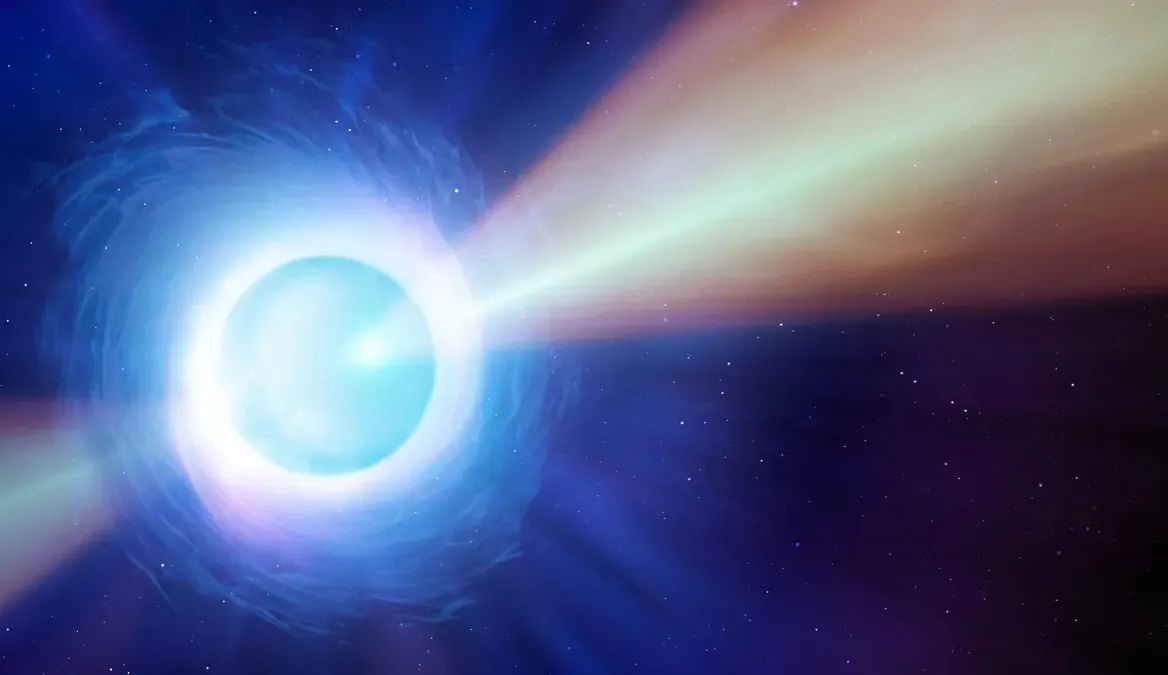 Иллюстрация художника, изображающая пульсар, у которого радиолуч, смещенный относительно оси вращения нейтронной звезды, периодически пересекает небо, как маяк. (Изображение предоставлено: Марк Гарлик/Science Photo Library)